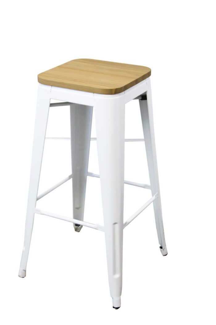 XAVIER BARSTOOL (WHITE WITH WOODEN SEAT) FOR HIRE